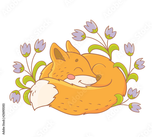 Cute cartoon sleeping fox with flowers. Autumn card.