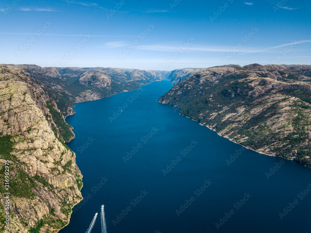 Aerial photo of Lysefjord in Norway on a bright sunny day