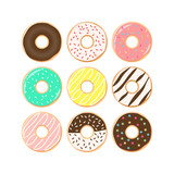 Colorful donuts cartoon set. Doughnuts with sprinkles, pink, chocolate, turquoise icing clipart set.