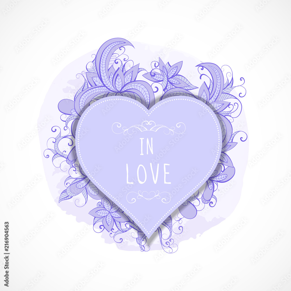 Vector illustration with frames in heart shape, floral and watercolor elements and hand drawn inscription In Love. In violet color. Vector illustration with frames in heart shape, floral and watercolor elements and hand drawn inscription In Love. In violet color.