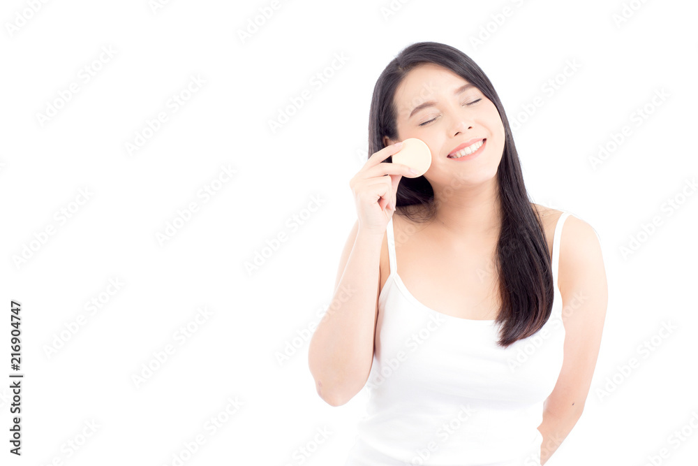 Portrait of beautiful asian woman applying powder puff at cheek makeup of cosmetic, beauty of girl with face smile isolated on white background, wellness and healthcare concept. Portrait of beautiful asian woman applying powder puff at cheek makeup of cosmetic, beauty of girl with face smile isolated on white background, wellness and healthcare concept.