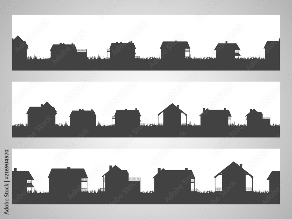 Set of three horizontal seamless illustration with country cottages. Black silhouettes.