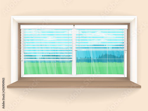 Illustration with wooden window in realistic style on and the rustic landscape outside the window. Vector background.