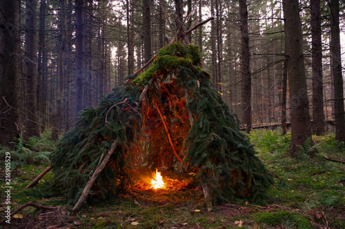 Primitive Wikiup Bushcraft Survival Shelter with a campfire burning in the Forest. A traditional shelter similar to a tepee. 