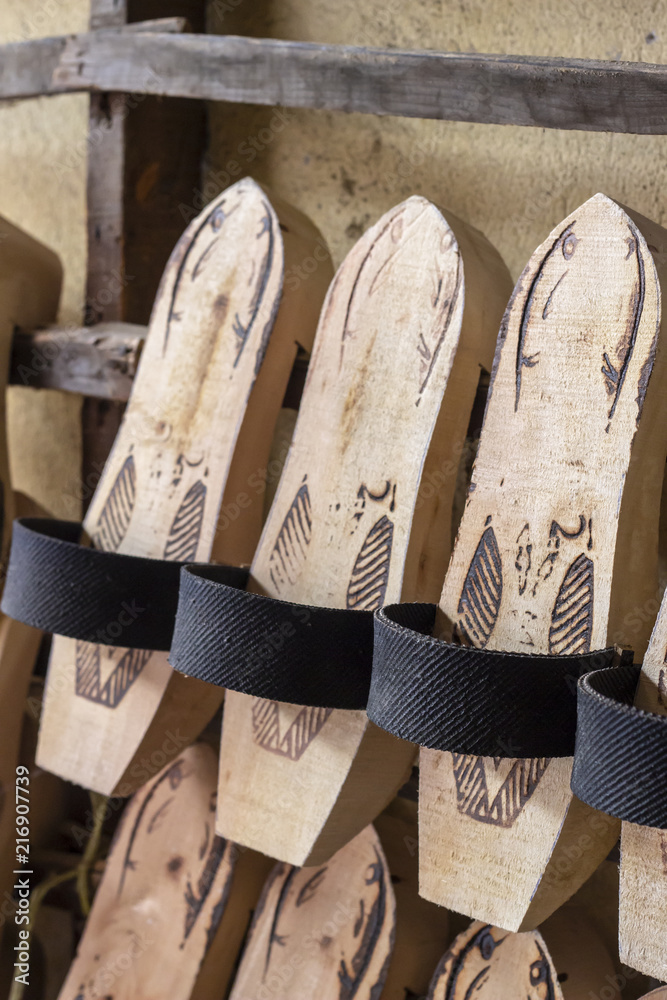 Fototapeta premium Vertical perspective close-up traditional wooden slipper shot at Izmir