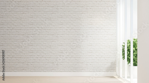 Empty room and white brick wall decorate design for artwork. Wood floor and white brick wall space for add message or decoration artwork. Interior simple design. 3D Rendering