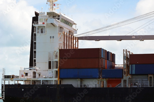 Valokuva Bridge in the aft section of a containership with a full load of containers headed for the Port of Miami,Miami,Florida