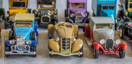 collection of old car model. replica of vintage car. collectible toys