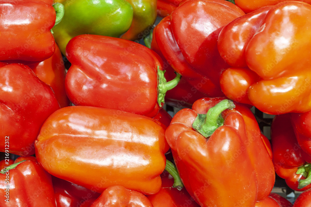 Red sweet Bulgarian pepper in the shop window. Red sweet Bulgarian pepper in the shop window.