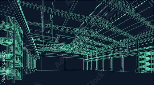 wire frame illustration of an industrial warehouse or hangar for virtual reality