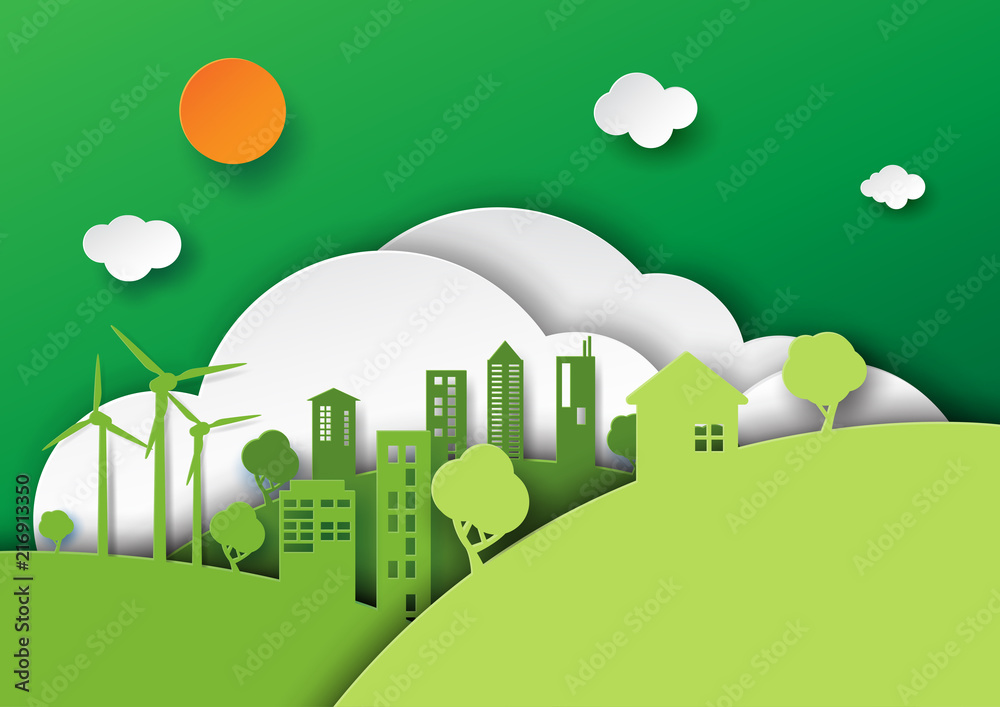 Green eco friendly city and urban life.Nature,ecology and environment conservation concept idea design.Paper art style vector illustration.