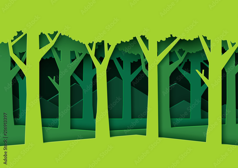 Obraz premium Eco green nature forest background template.Forest plantation with ecology and environment conservation creative idea concept paper art style.Vector illustration.