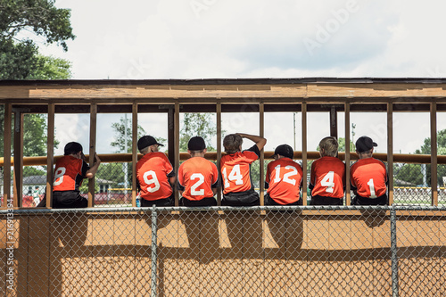 Baseball teammates in the dugout sitting on the fence