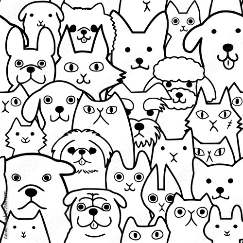 seamless doodle dogs and cats faces line art background