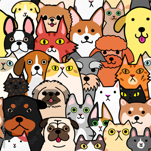 seamless doodle dogs and cats faces colorful background