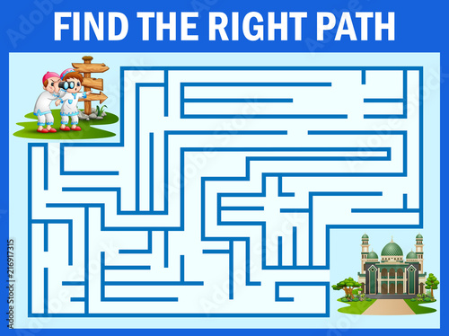 Maze game finds the boy and girl,way to the mosque