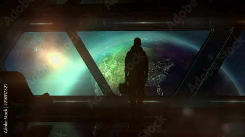 The astronaut in the ship flies to Earth