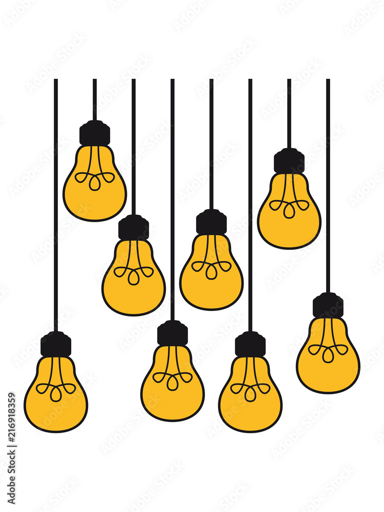 viele muster decke oben kabel hängen glühbirne licht strom idee schlau  überlegen lösung hell lampe leuchten birne clipart comic cartoon Stock  Illustration | Adobe Stock