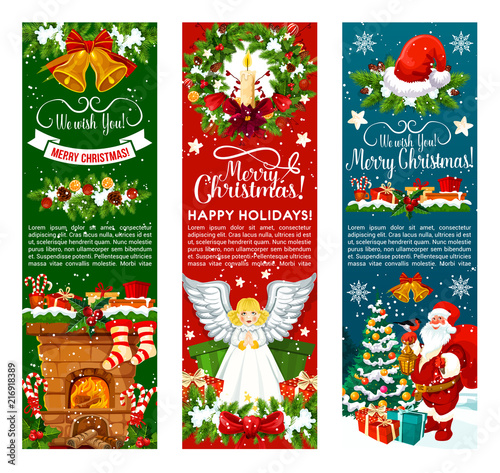 Santa with Christmas gift and bell greeting banner