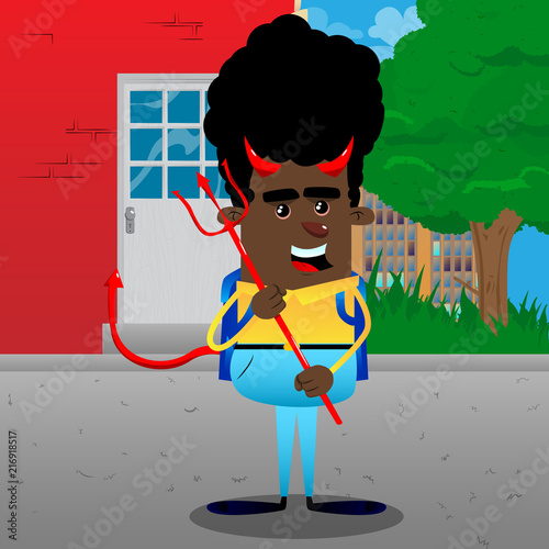 Schoolboy devil with pitchfork. Vector cartoon character illustration.