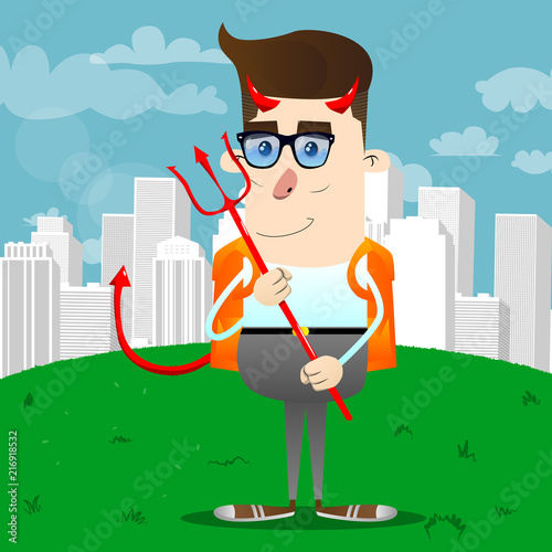 Schoolboy devil with pitchfork. Vector cartoon character illustration.