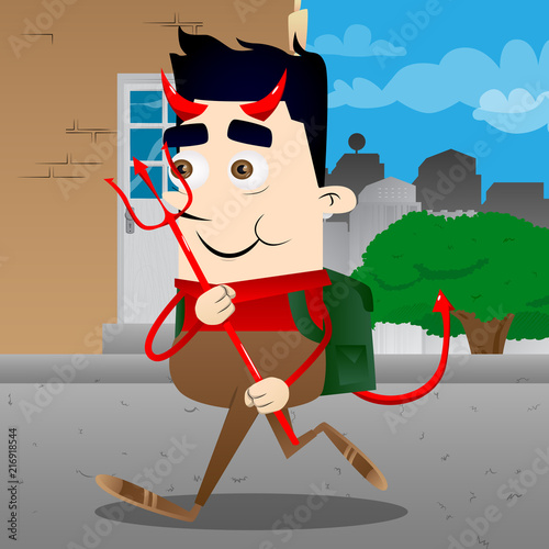 Schoolboy devil with pitchfork. Vector cartoon character illustration.