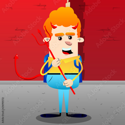 Schoolboy devil with pitchfork. Vector cartoon character illustration.