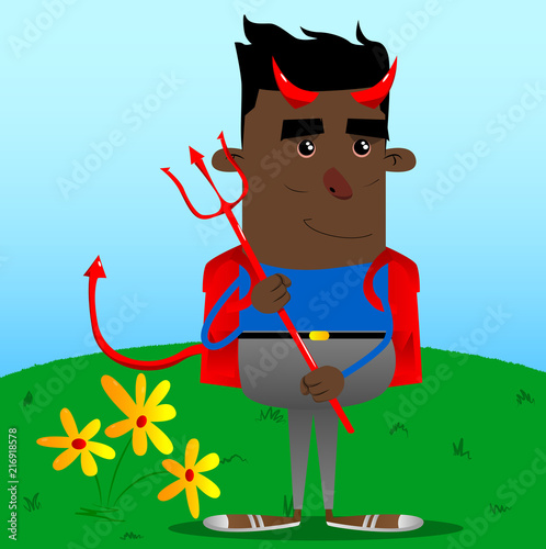 Schoolboy devil with pitchfork. Vector cartoon character illustration.