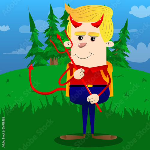Schoolboy devil with pitchfork. Vector cartoon character illustration.