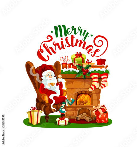 Santa Claus with Christmas fireplace and gift icon
