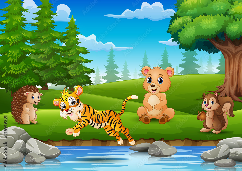 Naklejka premium The animals are enjoying nature by the river