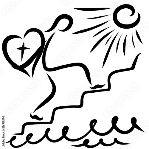 A man walking up the stairs to the sun, with a heart