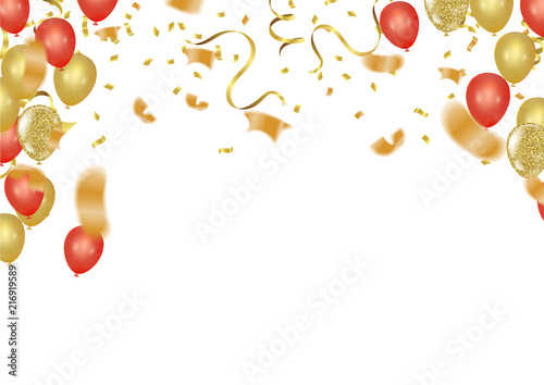 Vector party balloons illustration. Confetti and ribbons flag ribbons, Celebration background template