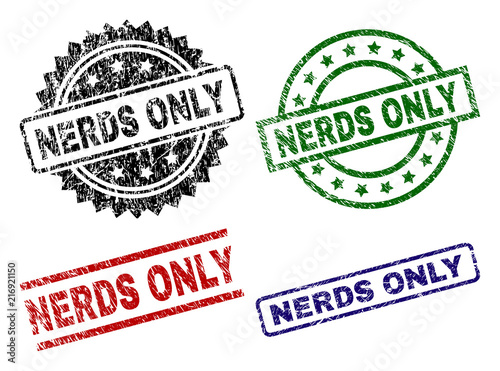 NERDS ONLY seal prints with damaged surface. Black, green,red,blue vector rubber prints of NERDS ONLY text with grunge surface. Rubber seals with circle, rectangle, medal shapes.
