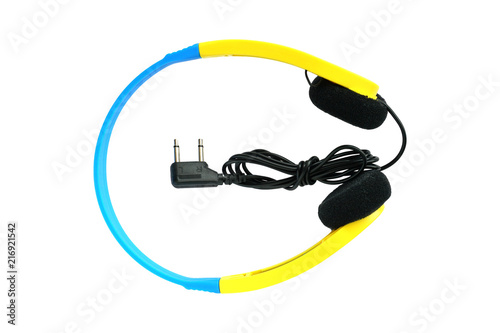 Disposable airline headrphones with dual socket connector ,isolated on white background photo