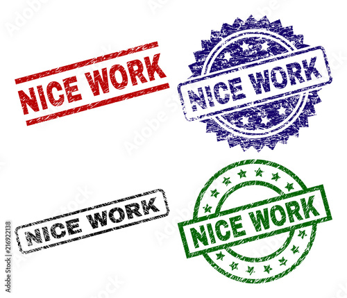 NICE WORK seal prints with damaged texture. Black, green,red,blue vector rubber prints of NICE WORK caption with corroded texture. Rubber seals with circle, rectangle, medallion shapes.