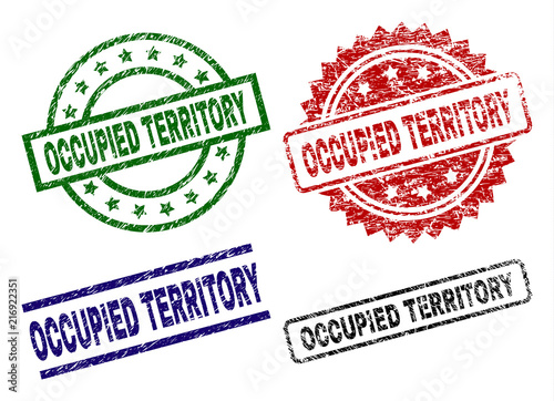 OCCUPIED TERRITORY seal prints with damaged texture. Black, green,red,blue vector rubber prints of OCCUPIED TERRITORY label with dirty texture. Rubber seals with circle, rectangle, medal shapes.