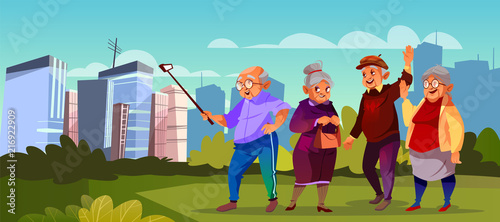 Vector group of old people with selfie stick at green park. Cartoon senior characters making photo. Trendy modern grandparents walk outside. Happy pensioners at retirement.