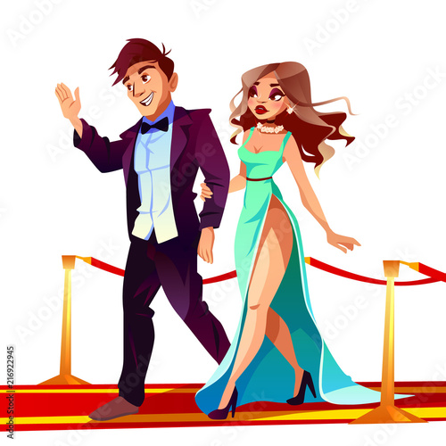 Vector cartoon couple of famous celebrities on red carpet. Beautiful woman in long dress with jewelry and man in suit walk to premiere, ceremony show. Rich superstars isolated on white background.