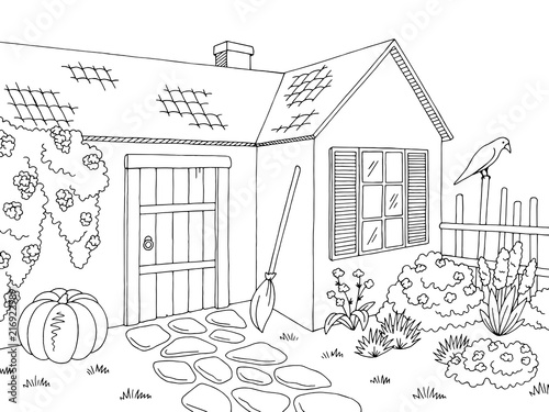 Witch house exterior graphic black white sketch illustration vector