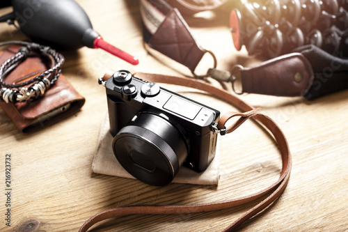 mirrorless camera with leather strap