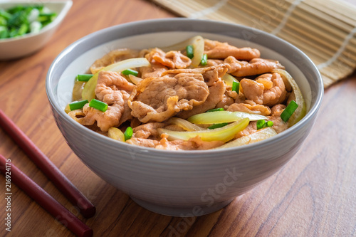 Fried pork with rice in bowl. Japanese food style, Donburi