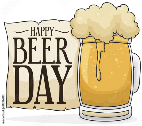 Beer in Giant Mug with Scroll for Beer Day Celebration, Vector Illustration