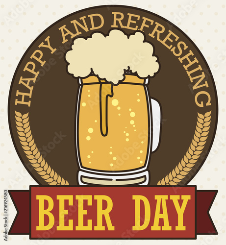 Frothy Beer inside Button and Ribbon for Beer Day Celebration, Vector Illustration