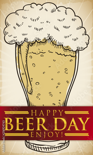 Beer in Hand Drawn Style with Greeting for Beer Day, Vector Illustration