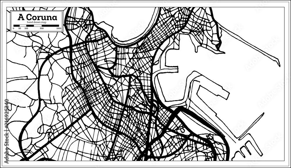 A Coruna Spain City Map in Retro Style. Outline Map.