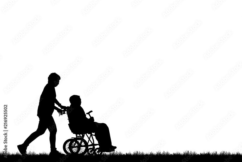 silhouette Daughter to care a wheelchair mother to walk on white background silhouette Daughter to care a wheelchair mother to walk on white background