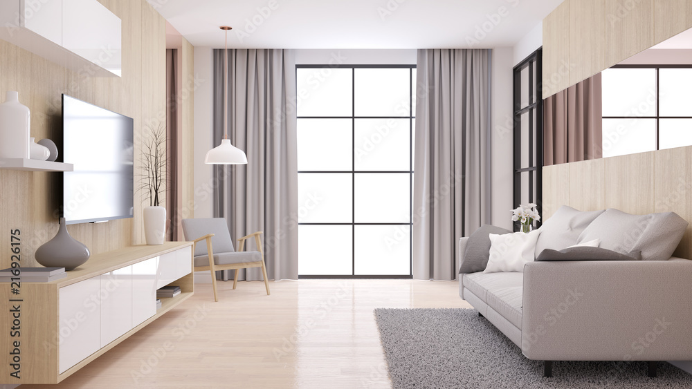 Fototapeta premium Modern and minimalist interior of living room, ,Cozy room and Simple Comforts,Modern furniture on natural wood wall and floor,3d render