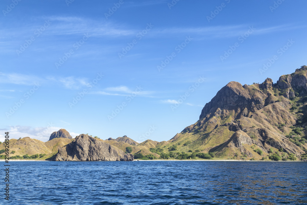 Landscape view from the ocean of Pulau Padar island in the Komodo National Park.