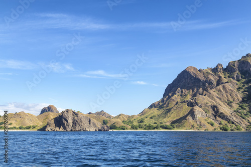 Landscape view from the ocean of Pulau Padar island in the Komodo National Park.